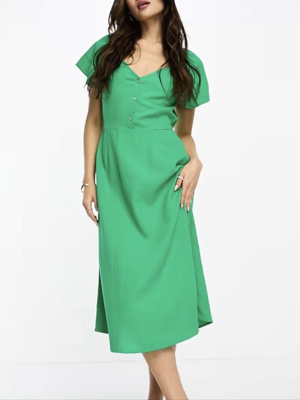 Vero Moda Green Linen Blend V Neck Button Front midi dress with flared sleeves